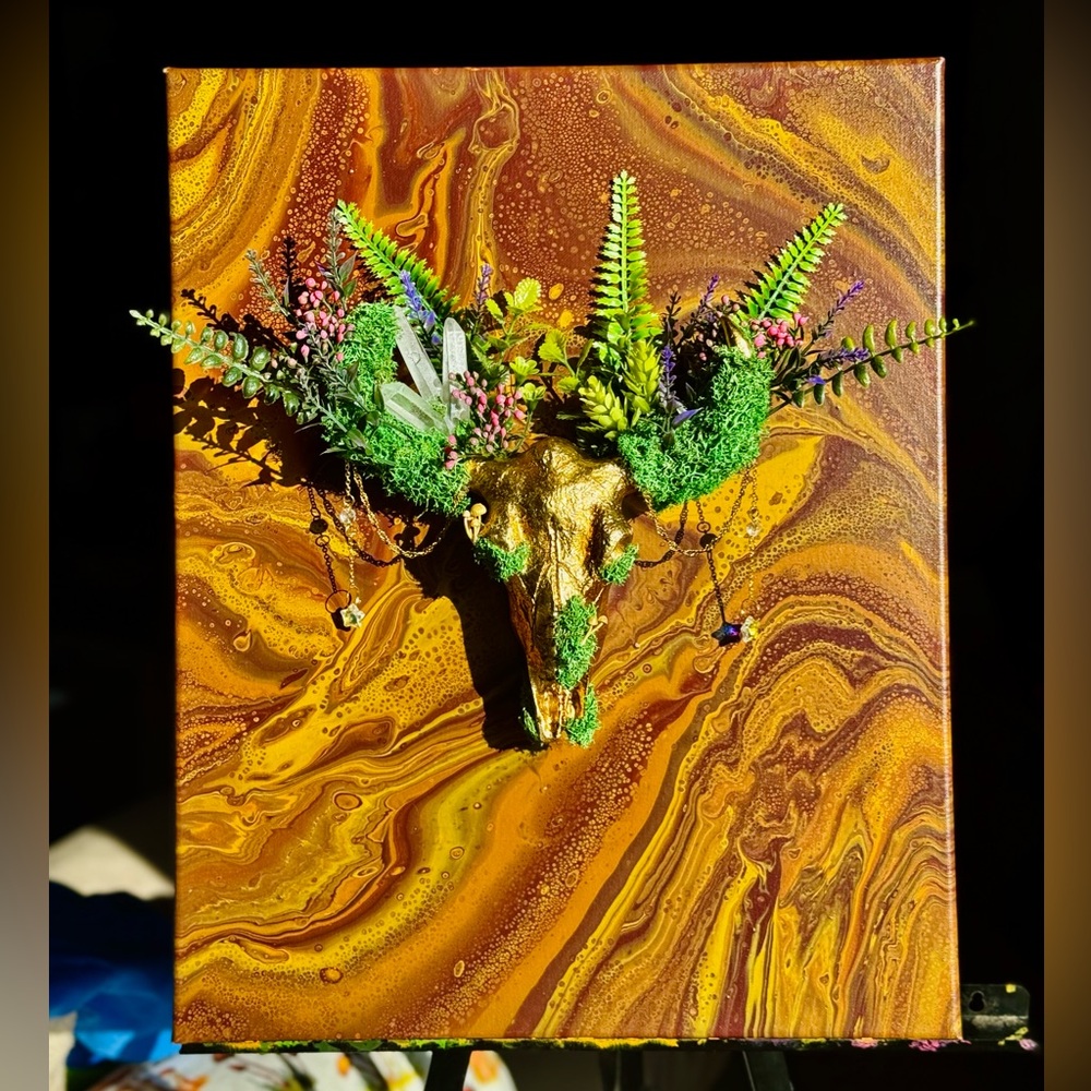 Bohemian Acrylic Pour Wall Art Golden Deer Skull with Faux Moss and Foliage